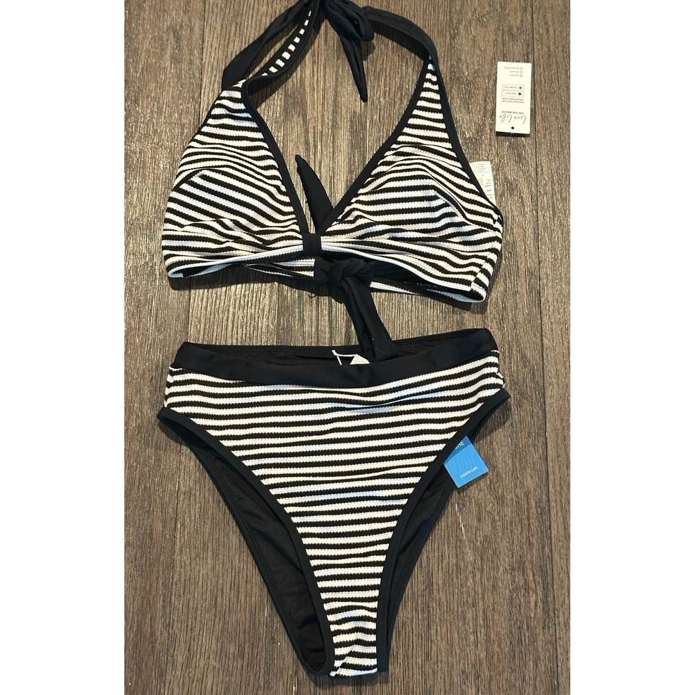 NWT Women's Cupshe Black White High Waist 2 piece Bikini Swimsuit Size M striped